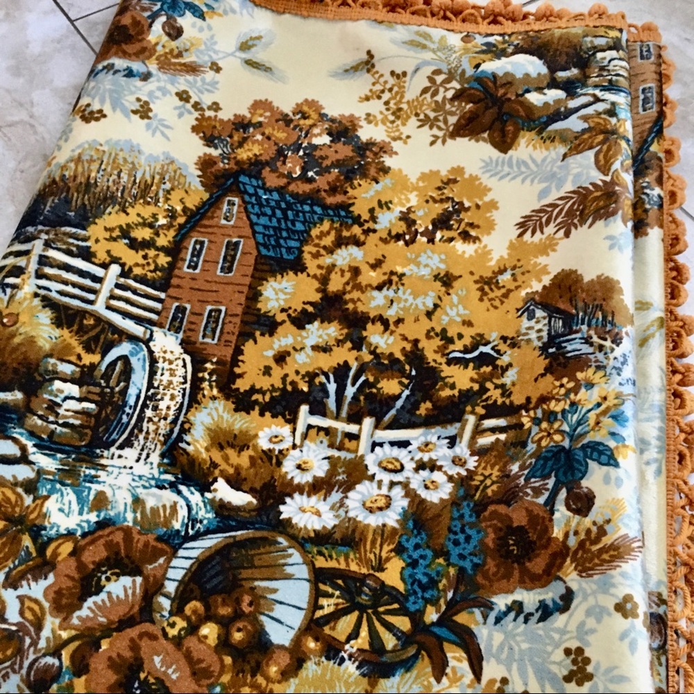 Vintage 70s Country Cottage Water Wheel Tapestry Pom Pom Edges | 56” x 72”
